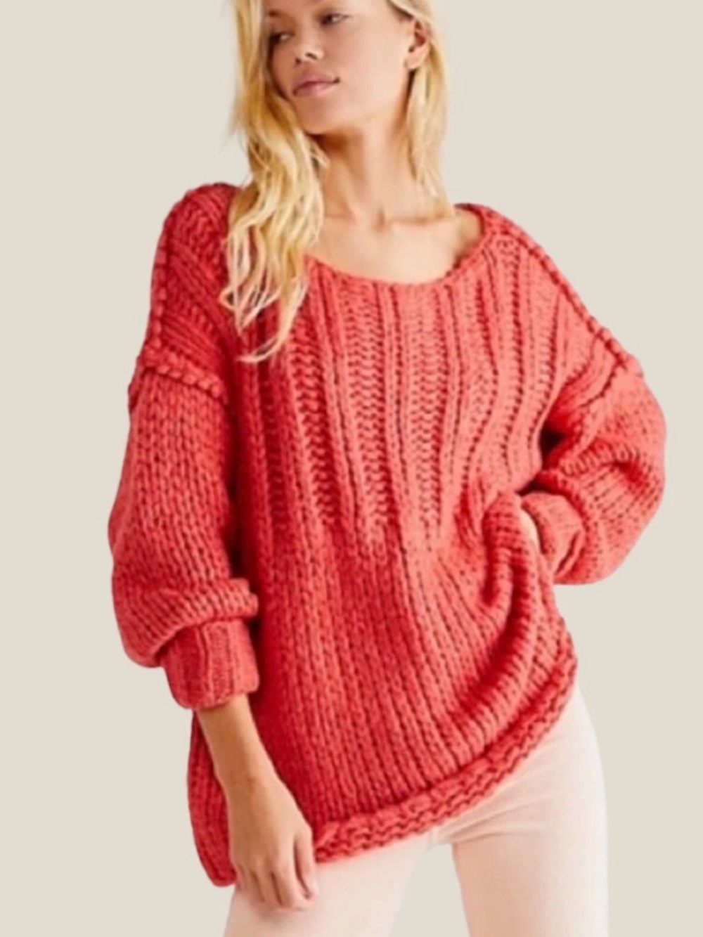 Free People Oversized Coral Scoop Neck Chunky Knit Sweater